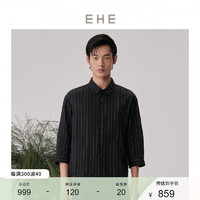 EHE男装 2024夏季莱赛尔条纹色织工艺 清爽休闲七分袖衬衫男 黑色条纹，尺码：S