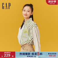 Gap女装春季2024抽绳开叉长袖刺绣翻领衬衫纯棉上衣873202 绿色条纹 155/76A(XS) 亚洲尺码