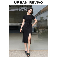URBAN REVIVO 女士时尚设计感扭结开衩修身连衣裙 UWH740032 正黑 XS