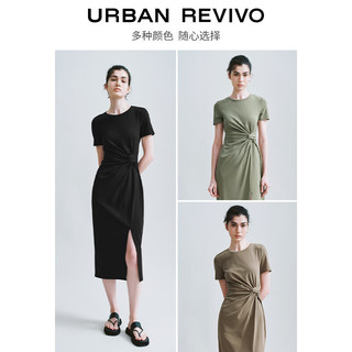 URBAN REVIVO 女士时尚设计感扭结开衩修身连衣裙 UWH740032 正黑 XS