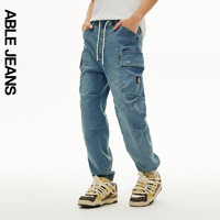 ABLE JEANS24夏季摩登复古洗水工装风宽松直筒滑板运动牛仔裤男 天缥蓝 M