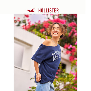 HOLLISTER24夏季美式棉质印花宽松露肩短袖T恤 女 KI357-4007 海军蓝 S (165/88A)
