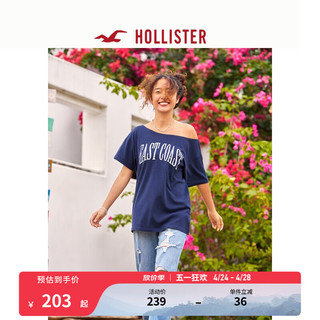 HOLLISTER24夏季美式棉质印花宽松露肩短袖T恤 女 KI357-4007 海军蓝 S (165/88A)