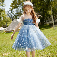 森林与孩子女童连衣裙2024夏儿童薄款透气短袖网纱公主裙 蓝色 150
