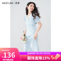 WESTLINK 西遇 V领碎花连衣裙2024年春夏季新款收腰褶皱法式甜美小裙子中长裙 蓝色 S