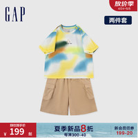 Gap男幼童2024夏季纯棉扎染小熊logo短袖T恤短裤套装890257 黄白拼色 90cm(1-2岁) 亚洲尺码