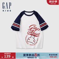 Gap男童2024夏季撞色插肩袖小熊印花logo短袖T恤上衣466235 白色 130cm(S) 亚洲尺码