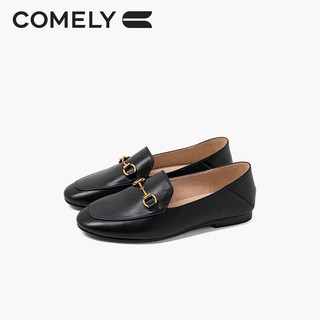 康莉（COMELY）乐福鞋女牛/羊皮平底一脚蹬单鞋圆头小皮鞋 黑色 37