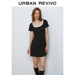 URBAN REVIVO UR2024夏季女装时尚撞色褶皱收腰修身圆领连衣裙UWU740043 正黑 M