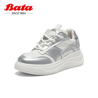 Bata 拔佳 小白鞋女2024春季增高通勤运动板鞋2865DAM4 米/银 38