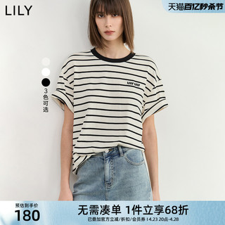 LILY 2024夏新款撞色条纹微廓形基础百搭宽松白T恤女