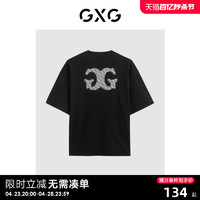 GXG 男装    黑色精致绣花简约休闲圆领短袖T恤男士上衣24年夏新品