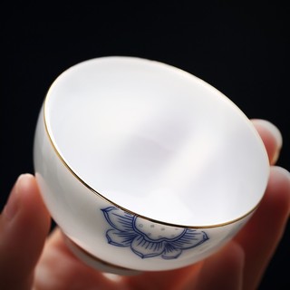 唯古 青花瓷功夫茶杯白玉瓷品茗杯茶具荷花薄胎描金 如意杯2个（60ml）