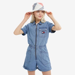 TOMMY HILFIGER Tommy Jeans女装纯棉工装风旗标绣片拉链翻领牛仔连体裤12880