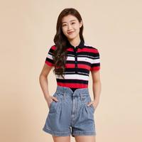 TOMMY HILFIGER 女简约小绣标拼色条纹五粒扣微弹短袖POLO衫J1768