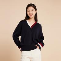 TOMMY HILFIGER 23秋冬女装纯棉学院撞色V领宽松版针织衫39006