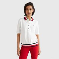 TOMMY HILFIGER 女装简约通勤拼色条纹翻领透气短袖POLO衫30583