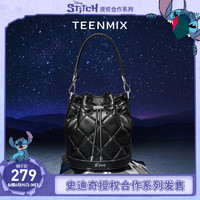 TEENMIX 天美意 包包女包商场同款史迪奇联名水桶包菱格斜挎包X2742CX3 黑色 F