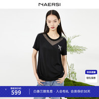 娜尔思（NAERSI）字母图案短袖黑色T恤女2024夏装时尚圆领上衣 黑色 M