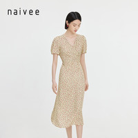 纳薇（naivee）naivee纳薇24夏100莱赛尔法式浪漫小碎花飘带V领泡泡袖连衣裙 浅黄 160/84A/M