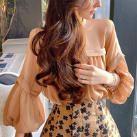 粉红大布娃娃休闲衬衫女雪纺衫春季宽松遮肚子气质百搭上衣 米驼色 S