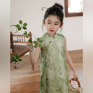 LUSON 陈大猪女童套装2024儿童新中式国风连衣裙两件套竹叶青110 110cm
