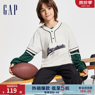 Gap男童2024春季纯棉亨利领logo撞色短袖T恤儿童装上衣890544 奶白色 160cm(XL)亚洲尺码