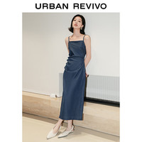 URBAN REVIVO 女士复古辣妹开衩收褶吊带牛仔连衣裙 UWG840144 蓝色 M