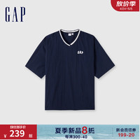 Gap男女装2024夏季撞色V领logo短袖卫衣宽松休闲上衣465601 海军蓝 185/108A(XXXL) 亚洲尺码