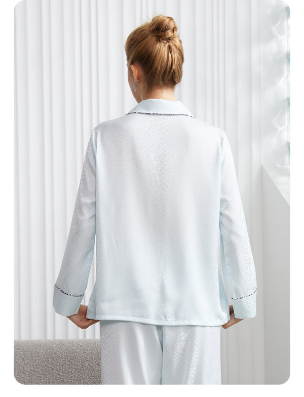 mybody睡衣女士春季长袖翻领丝滑精致豹纹提花家居服套装 蓝色豹纹 s