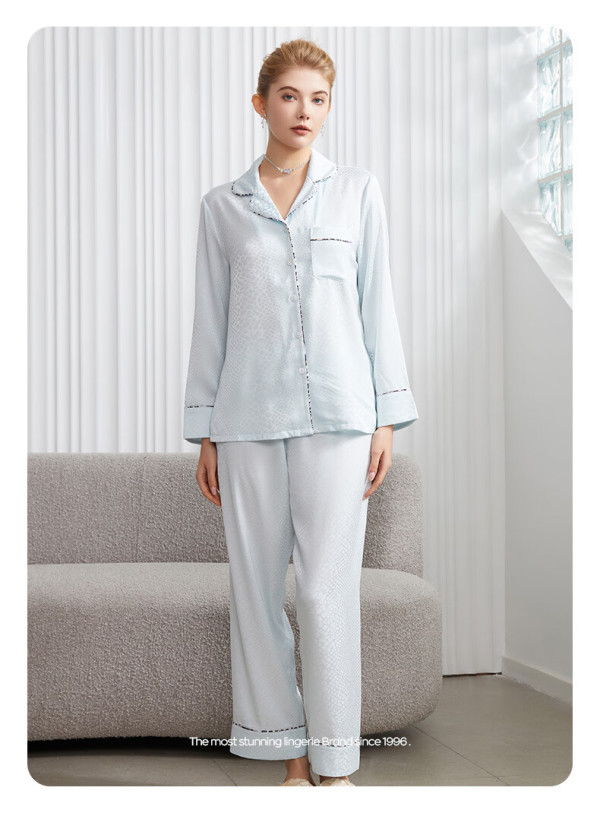 mybody睡衣女士春季长袖翻领丝滑精致豹纹提花家居服套装 蓝色豹纹 s