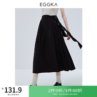EGGKA黑色绑带百褶长裙女春季小众设计感别致时尚a字半身裙 黑色 S
