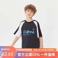 Kappa Kids卡帕儿童夏季潮流竖纹学院风复古时尚男女童中大童短袖 黑色   120