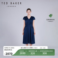 Ted Baker2024春夏女士纯色连衣裙V领短袖丝感中长裙C41016 藏青色 2