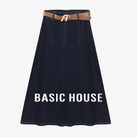 百家好（Basic House）休闲百搭牛仔半裙女夏季高腰气质感半身裙-B0624B5H992 深蓝 L110-120斤