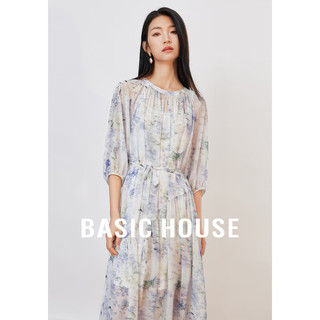 百家好（Basic House）灯笼袖碎花连衣裙女2024春季收腰显瘦气质长裙B0624H5E792 花色 S