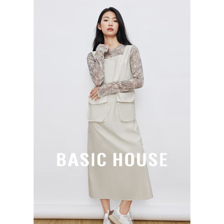 百家好（Basic House）工装复古连衣裙女2024春季双口袋无袖长裙 米色 S