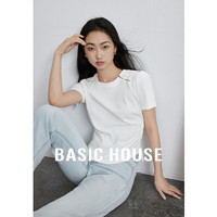 百家好（Basic House）新中式盘扣T恤女轻国风修身捏褶短袖上衣夏季B0624H5O492 白色 S