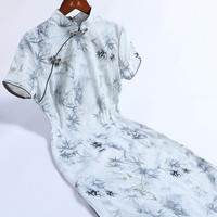 戚薇中国风水墨印花旗袍2024年夏季复古气质年轻款少女连衣裙 灰色 S