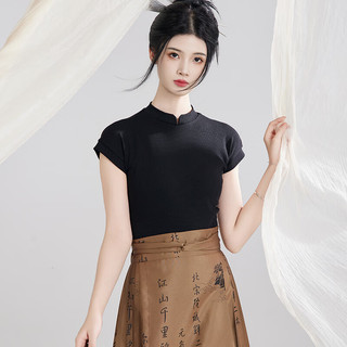 星河汉歌（肃穆）2024年新中式黑色修身短袖上衣简约气质马面裙上装 黑色 S（70~90斤）