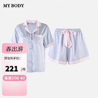 mybody睡衣女春夏短袖翻领冰丝凉感可爱印花家居服套装 奶蓝小熊 XL