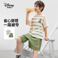 迪士尼童装男女童针织撞色短袖套装2024夏装儿童户外运动两件套 橘绿条纹 110