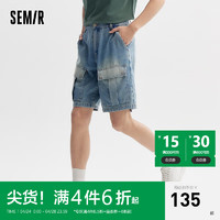 森马（Semir）牛仔中裤男2024夏季宽松直筒工装裤潮流复古做旧五分短裤 牛仔中蓝88201 34