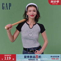 Gap女装2024夏季小U字领撞色插肩短袖T恤柔软亲肤女友T873956 灰色 175/92A(XL) 亚洲尺码