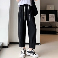 苒琦妈咪裤子夏季薄款2024抽绳无托腹松紧腰休闲运动裤哈伦九分裤 黑色 M