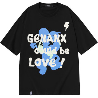 闪电潮牌（GENANX）夏季字母印花宽松落肩袖款圆领T恤男女同款短袖纯棉 黑色 M