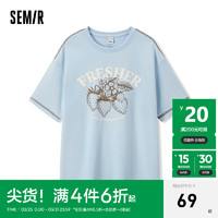 森马（Semir）短袖T恤女中长款明线上衣2024夏时尚宽松印花套头衫小众 冰蓝80900 165/88A/L