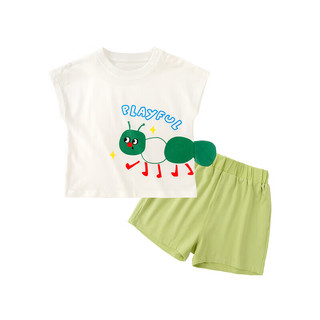 嘟嘟家宝宝套装夏款儿童T恤卡通女童短裤男童衣服宝宝童装薄 米色+绿色 120cm
