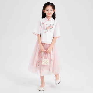 笛莎童装女童优雅气质套装24夏儿童苏博联名新中式牡丹花刺绣套装 柔粉色5.1 165
