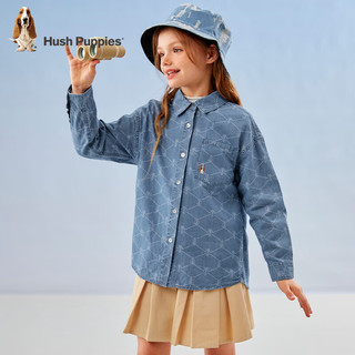 暇步士（Hush Puppies）童装儿童男童女童款纯色长袖衬衫经典翻领舒适休闲 蓝牛仔(女童) 130cm